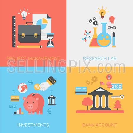 Project management, research lab, investments, bank account concept. Briefcase, hourglass, flask, bulb, piggy bank. Vector icon banners template set. Web illustration. Website infographics elements.
