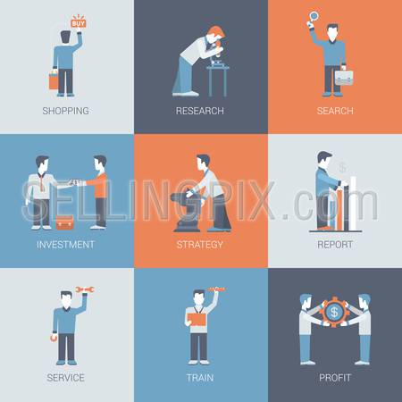 Online business shopping people figures situations concept flat vector icon set. Search, research, investment, strategy, report, service and profit. Flat conceptual web site infographics collection.