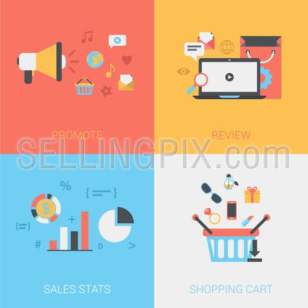 Promote store, review goods, sales stats, online shopping cart concept. Vector icon banners template set. Loudspeaker, social media, laptop, bag. Web illustration. Website infographics elements.