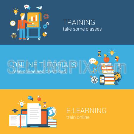 Flat education, training, online tutorial, e-learning concept. Vector icon banners template set. Web illustration. Teacher by the blackboard, book heap, laptop document. Website infographics elements.