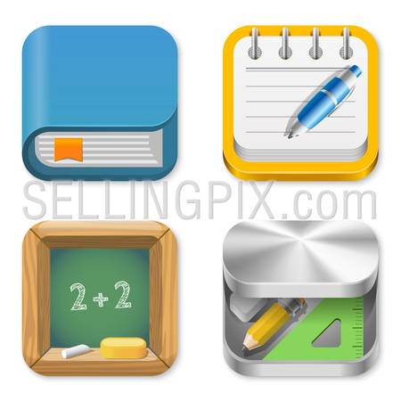 Icons pack for Education applications. Book, Notepad, Blackboard, Pencil box. UI Square icons set. User interace concepts & templates.High detail vector icon pack. Editable.