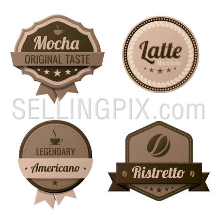 Coffee Vintage Labels logo template collection.  Cafe Retro style. Mocha, Latte, Americano, Ristretto. Vector icons.