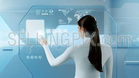 Future technology touchscreen interface. Girl touching screen interface in hi-tech interior. Business lady pressing virtual button in futuristic office.