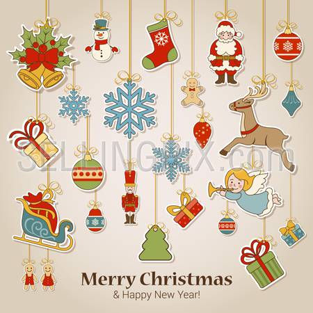 Merry Christmas and Happy New Year sticker label decorations modern style vector postcard template. Stylish concept icons set of Xmas and winter holidays. Collection of celebration object and item.
