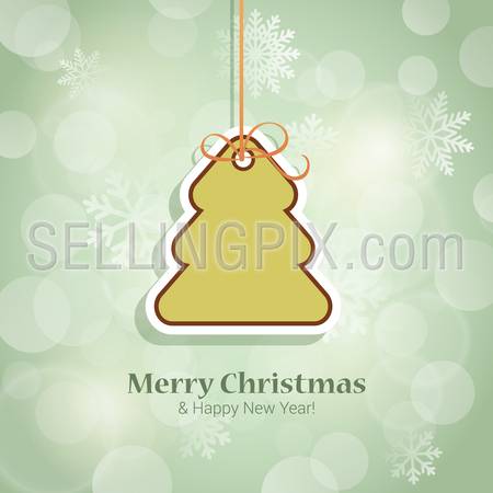 Christmas and New Year sticker style postcard template vector. Fir tree icon on thread with Merry Christmas and Happy New Year congratulations. Holiday templates collection.