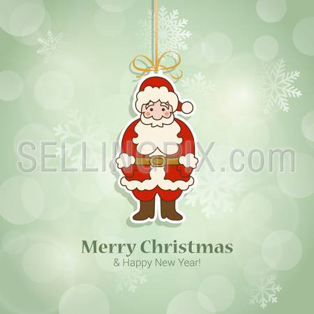 Christmas and New Year sticker style postcard template vector. Santa Claus icon on thread with Merry Christmas and Happy New Year congratulations. Holiday templates collection.