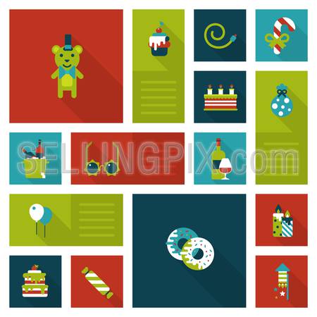 Christmas and New Year flat style decoration labels icon set. Bear, sweet cake, candy, present bag, wine bottle and glass, donut, candle, fireworks, glasses, balloon. Collection of holiday web icons.