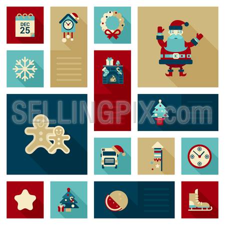 Flat modern style Christmas decorations icon set. Calendar, coo coo clock, Santa Claus, fireplace, tree, gingerbread man, fireworks rocket, school bus in hat, snowflake. Holiday web icon collection.