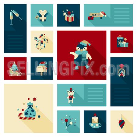Flat modern style Christmas icon set. Penguin, sale, garland color light, postbox, bear, ring, candle, sparklers, champagne, sledge, present bag, gift box decorations. Holiday web icons collection.