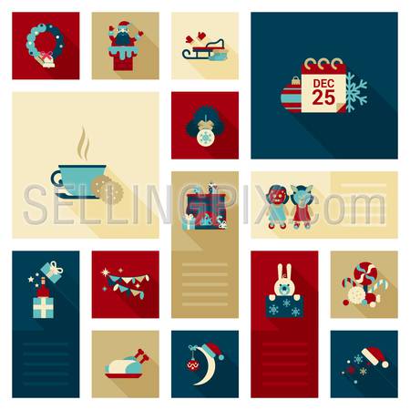 Flat Christmas icon wreath, Santa in chimney, calendar, tea or coffee with cookies, fireplace, kids masquerade, bunny, hat, sweet candy, turkey decoration elements set. Holidays web icons collection.