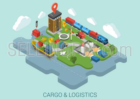 Flat 3d isometric cargo delivery logistics shipping business infographic concept vector. Container ship city port crane, road truck, train railroad cistern, mark point, hands on touch screen tablet.