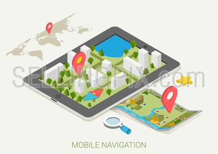 Flat 3d isometric mobile GPS navigation maps infographic concept vector. Tablet with digital satellite map, paper map with marker, search magnifier glass, world silhouette pin.