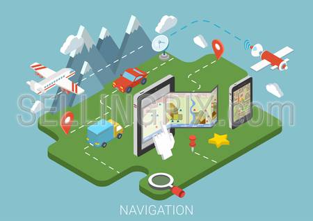 Flat map mobile GPS navigation infographic 3d isometric concept. Tablet, phone, digital map paper route pin markers. Aerial transport plane land car van satellite antenna receiver signal transmitter.