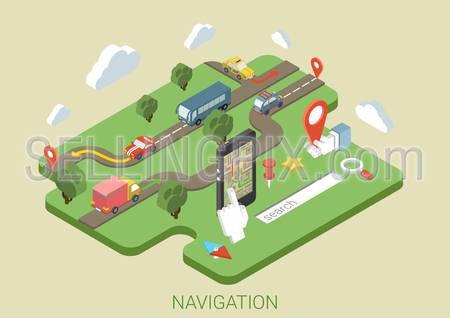 Flat map mobile phone GPS navigation ifographics 3d isometric concept. Phone with digital map, transport on roads (bus, car, van, truck), search bar magnifier glass, compass sign.
