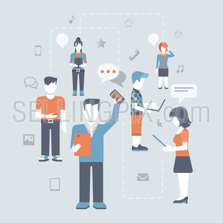 Flat style young people figure online social media communications infographic concept vector icon set. Man woman with tablet phone laptop. Content and humans connected via chat share like e-mail.