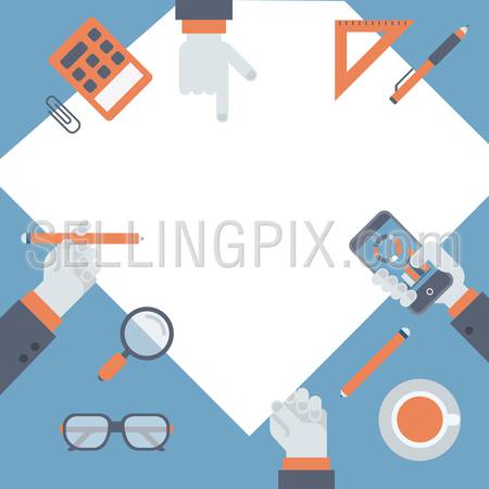 Flat project management concept. Business research of new idea vector illustration infographics icon set. Brainstorming, hands holding phone working on empty blank background. Place your text, logo.