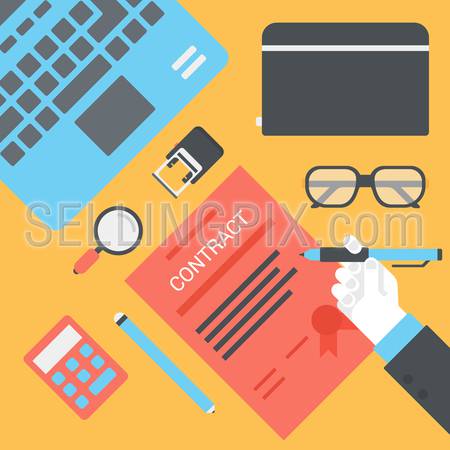 Flat style modern business desktop with hand singing contract laptop notebook diary stamp icon set. New business opportunity contract supply concept. Workplace table top view infographics.