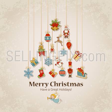 Decorative objects in fir tree silhouette. Merry Christmas and Happy New Year sticker label decorations modern style vector postcard template. Stylish concept icons set of Xmas and winter holidays.