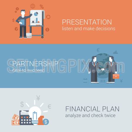 Flat businessman presentation, partnership deal handshake to succeed, financial plan concept. Business web site icon banners templates set. Website conceptual flat vector illustrations collection.