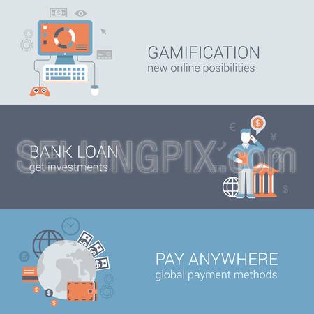 Flat gamification, bank loan investment, pay anywhere concept. Online internet business technology web site icon banners templates set. Website conceptual flat vector illustrations collection.