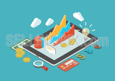 Flat 3d isometric business analytics, finance analysis, sales statistics, monetary concept infographic vector. Collage icons: chart graphs, tablet, coins, credit card, dollar banknote, currency signs.