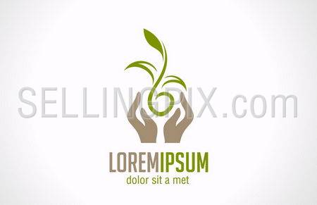 Hands holding plant abstract logo template. Green concept. Safe idea. Green sprout – can be any type of plant Vector icon. Editable.