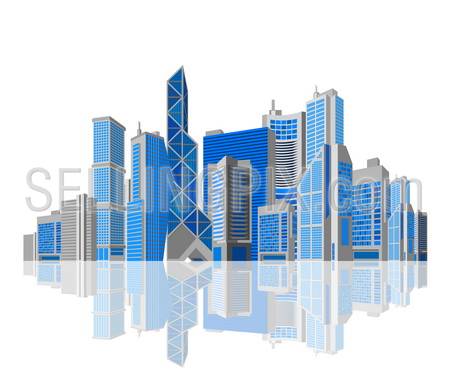 Cityscape. Skyscraper city with reflection on white background. Isolated. Skyscrapers. Business theme. Vector. Editable.