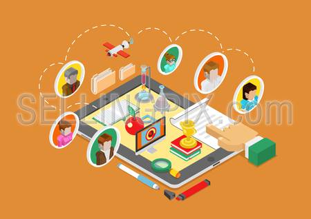 Flat 3d isometric science, online education, teaching and coaching on tablet infographic concept vector. People avatars connected, book, flask, apple, computer, document, report and finger touch.
