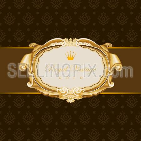 Vintage Gold Frame on the seamless pattern behind.  Retro Floral ornament card.  Super High Detail Vector. Copyspace.