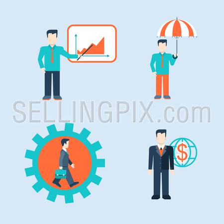 Flat style modern people business man situations concept template vector web icon set. Male businessman lifestyle infographic icons. Man report presentation, under umbrella, gears, global finance.