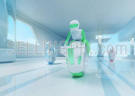 Future motobike riders team in hi-tech interior. Futuristic transport concept series.
