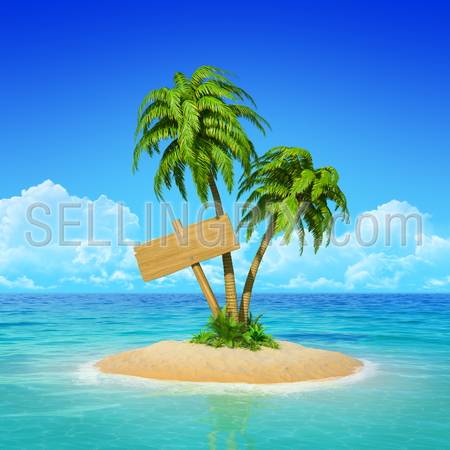 Wooden sign on desert tropical island with palm tree.  Concept for rest, holidays, resort, travel.