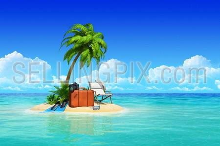 Desert tropical island with palm tree, chaise lounge, suitcase.  Concept for rest, holidays, resort, travel.