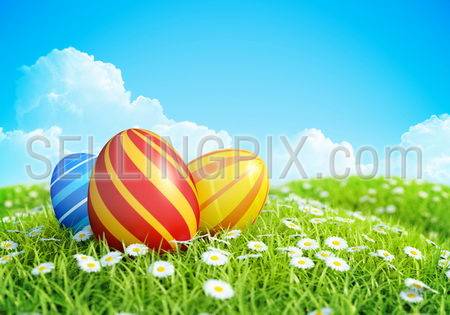 Easter Greeting Card with decorated Easter eggs in the grass with flowers. Background with ornate Easter eggs on hill.