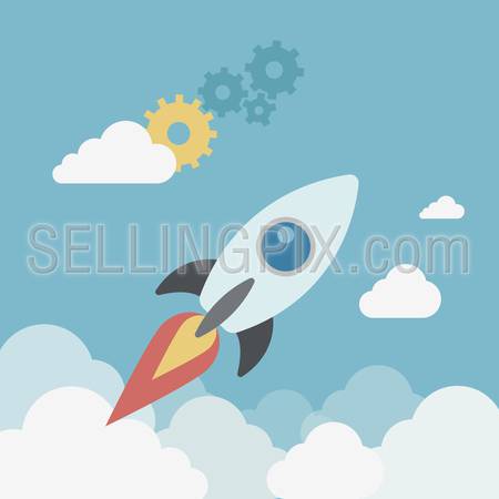 Flat style modern business start up spaceship launch concept. Rocket flying in the sky, gears. Conceptual vector icon collage illustration of new project starting and in progress process.