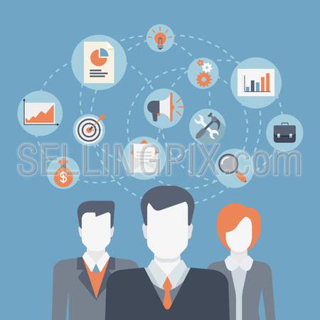 Flat style modern web infographic icons collage. Concept for business teamwork, brainstorming, success winning professionals team, corporate workforce, company department, HR, staff cooperation.
