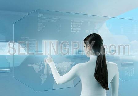 Future technology touchscreen interface. Girl touching screen interface in hi-tech interior. Business lady pressing virtual button in futuristic office.