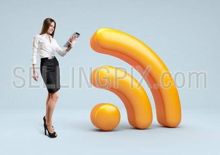 Wifi 3d icon. Businesswoman stand  with tablet pc near Wireless network symbol.