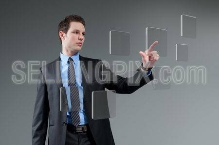 Businessman pushing button. Young man touching screen interface. Pressing technology. Future push interface collection.