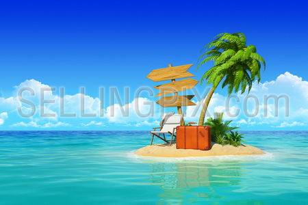 Desert tropical island with palm tree, chaise lounge, suitcase and three empty wooden signpost. Concept for rest, holidays, resort, travel.