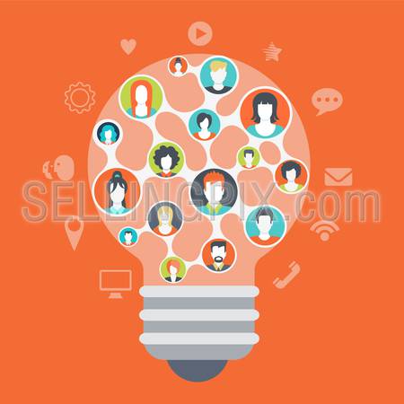Flat web style modern infographics social media people network connections concept. Light bulb shape idea symbol consists of every creative team member mind. Website icons around connected profiles.