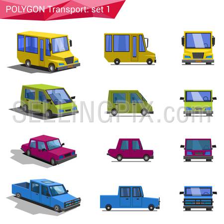 Polygonal style vehicles vector icon set. Bus, van, car, pickup.  Polygon transport collection.