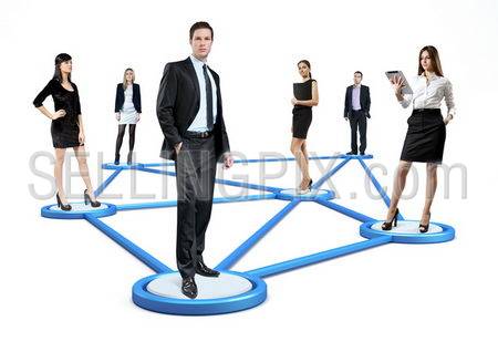 Social network concept. People standing on pedestals / circles connected by lines. Isolated.