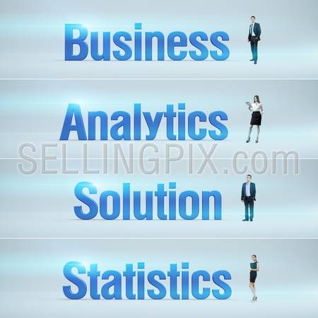 Business, Analytics, Solution, Statistics : pack of banners with people (man / woman) and word. Businessman or businesswoman stands near big letters. Headers set.