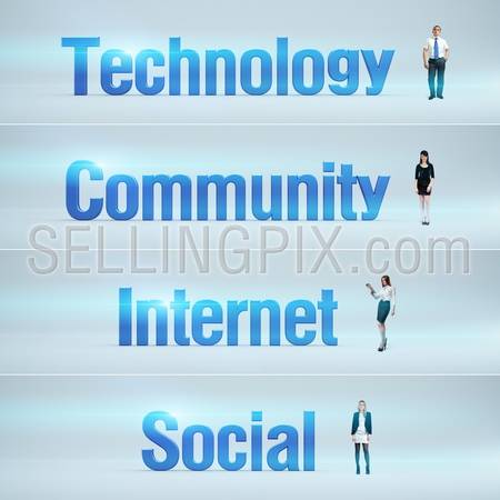 Technology, Community, Internet, Social : pack of banners with people (man / woman) and word. Businessman or businesswoman stands near big letters. Headers set.