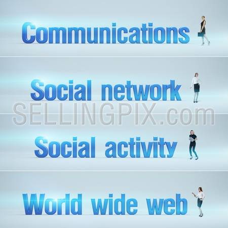 Communications, Social network, Social activity, World wide web : pack of banners with people (man / woman) and word. Businessman or businesswoman stands near big letters. Headers set.