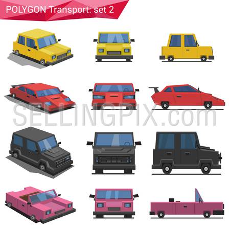 Polygonal style vehicles vector icon set. Yellow car, sport car, van, cabriolet.  Polygon transport collection.
