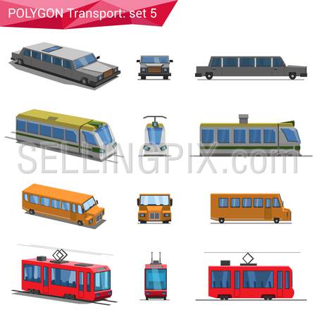 Polygonal style vehicles vector icon set. Limousine, train, school bus, tram.  Polygon transport collection.