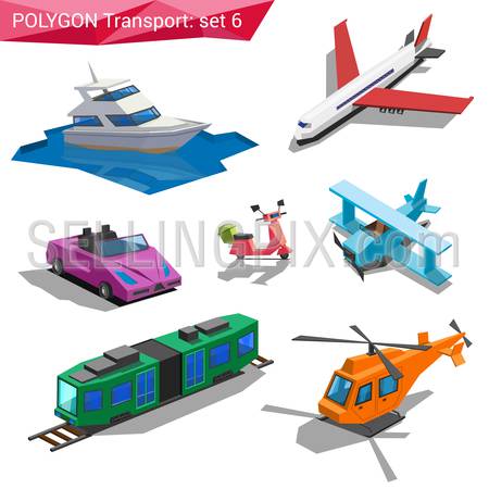 Polygonal style vehicles vector icon set. Yacht, airplane, cabriolet, bike, train, helicopter.  Polygon transport collection.