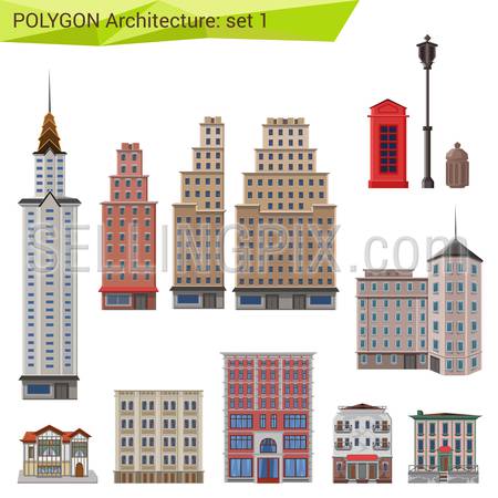 Polygonal style skyscrapers and buildings set. City design elements.  Polygon architecture collection.